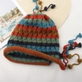 thumbnail image 1 of Handmade Crochet Earflap Beanie - Boho Style Colorful Striped Knit Winter Hat with Pom-Poms & Ties, Unisex Warm Cold Weather Cap-Red, 1 of 3