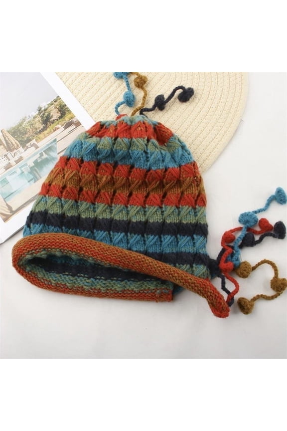 Handmade Crochet Earflap Beanie - Boho Style Colorful Striped Knit Winter Hat with Pom-Poms & Ties, Unisex Warm Cold Weather Cap-Red