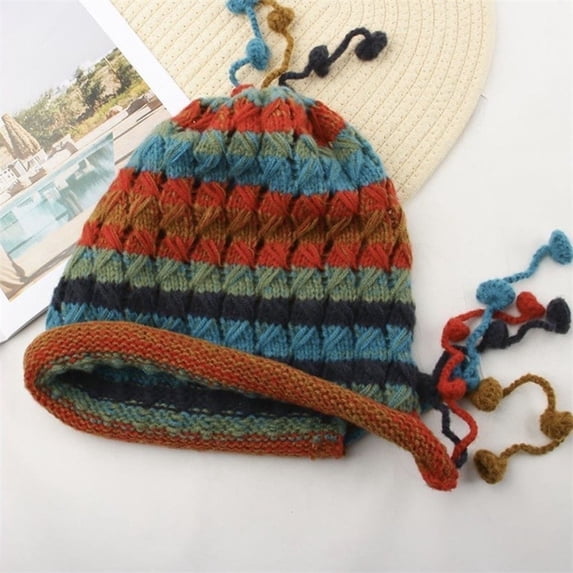 Handmade Crochet Earflap Beanie - Boho Style Colorful Striped Knit Winter Hat with Pom-Poms & Ties, Unisex Warm Cold Weather Cap-Red