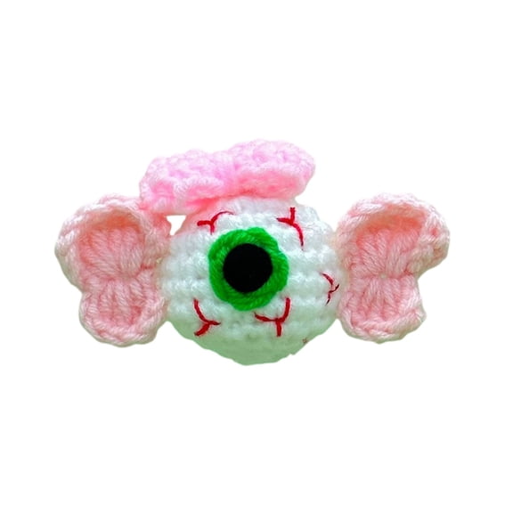 Handmade Crochet Eyeball Ornament with Pink Wings, Spooky Gothic Halloween Tabletop Decor, Cute Creepy Crocheted Eyeball Figurine for Desk Shelf Party Indoor Decoration