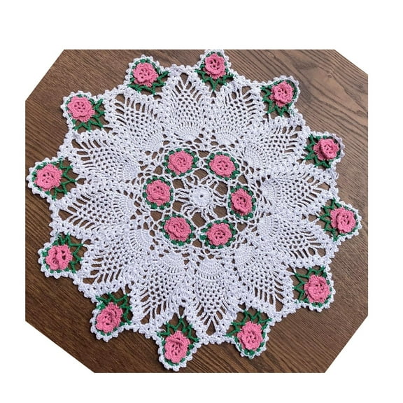 Handmade Crochet Floral Table Overlays Farmhouse Round Tablecloths for Wedding 18 inch Pink Rose Flower