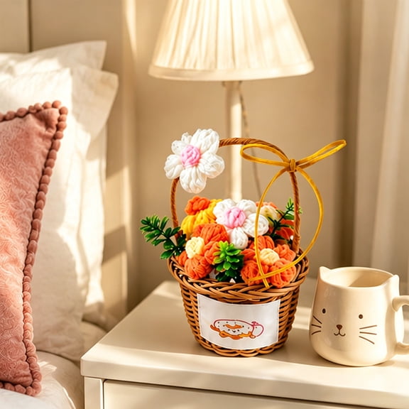 Handmade Crochet Flower Basket, Blue Woven Farmhouse Decor for Shelves, Tables, and Mantels, No-Wilt Gift for Adults