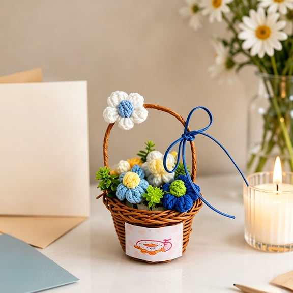 Handmade Crochet Flower Basket Knit Floral Decor for Desk Shelf Home Office School Supplies
