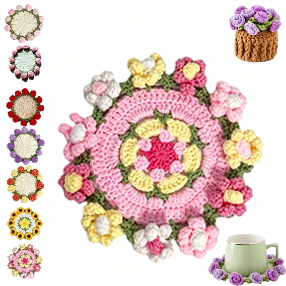 Handmade Crochet Flower Bouquet Coaster, Yarn Knitted Flower Cup Transform Bouquet, Gift for Mom Grandma, Valentine's Day Decor, Room Decor, with Mini Basket (A)