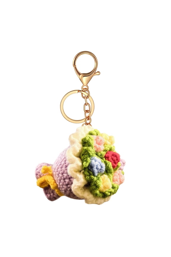 Handmade Crochet Flower Bouquet Keychain, Cute Knitted Flower Keyring Key Chain, Soft Yarn Bag Charm, Unique Handbag Pendant Gift for Mother's Day Valentine's Day Birthday, 1Pc(Purple1,2.7x2")