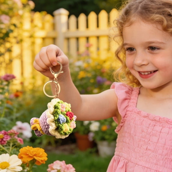 Handmade Crochet Flower Bouquet Keychain, Knitted Flower Bag Charm Keyring, Cute Hand Woven Accessory for Mother's Day, Birthday, Car Key & Bag Decoration 2.75 Inch 1Pcs