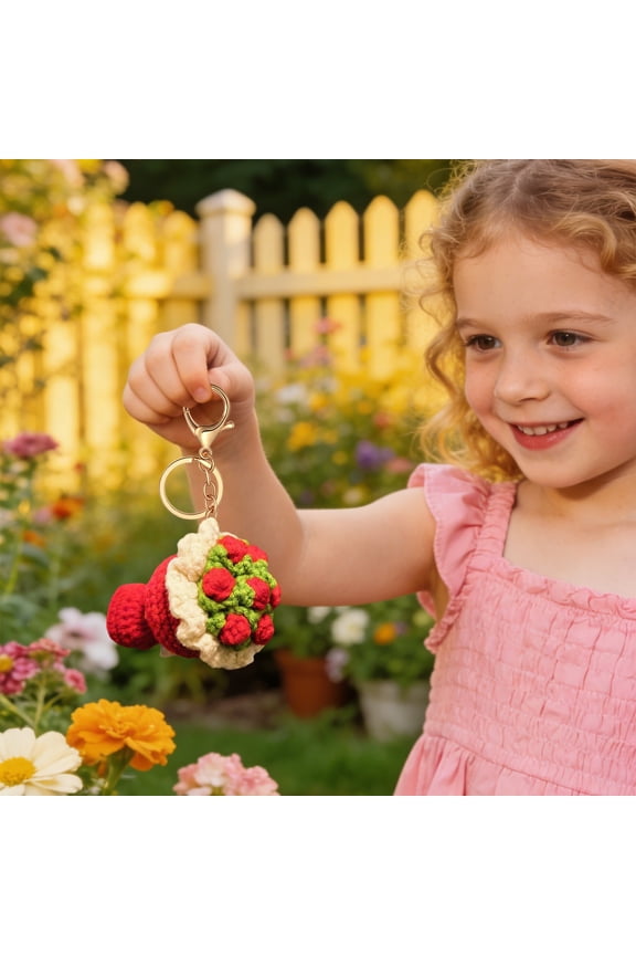 Handmade Crochet Flower Bouquet Keychain, Knitted Flower Bag Charm Keyring, Cute Hand Woven Accessory for Mother's Day, Birthday, Car Key & Bag Decoration 2.75 Inch 1Pcs