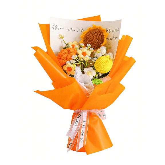 Handmade Crochet Flower Bouquet, Knitted Rose & Tulip Flowers, Everlasting Floral Arrangement for Home Decor, Gift for Mother's Day, Valentine's Day, Birthdays, Anniversaries(RL Sunflower 1 PC)