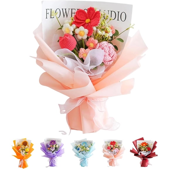 Handmade Crochet Flower Bouquet, Knitted Rose & Tulip Flowers, Everlasting Floral Arrangement for Home Decor, for Mother's Day, Valentine's Day, Birthdays, Anniversaries