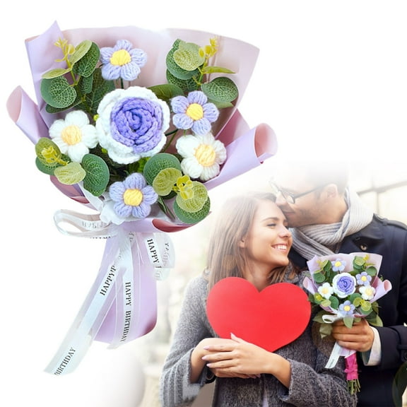 Handmade Crochet Flower Bouquet Purple– Yarn Artificial Flowers for Teacher's Day, Home Decoration & Gift, 9.84in x 11.81in