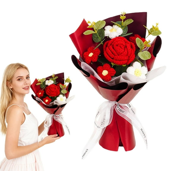 Handmade Crochet Flower Bouquet with Rose and Puff Flower Arrangement for Qixi Festival, Birthday, and Christmas, 35cm High Finished Yarn Flowers