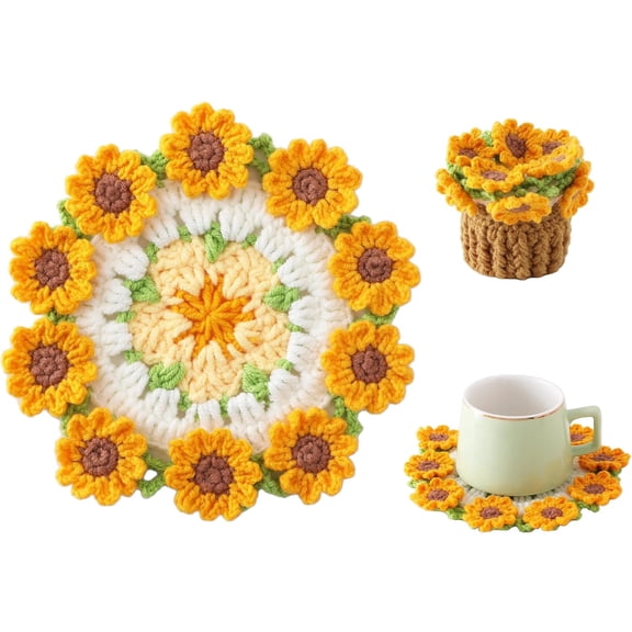Handmade Crochet Flower Coaster, 3D Bouquet Coaster with Plant Pot Design, Soft Yarn Drink Coaster for Coffee Table Protection & Home Decor Gift (Yellow, 1 Pc)