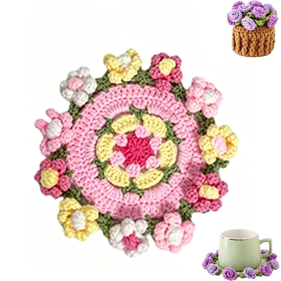 Handmade Crochet Flower Coaster, Yarn Knitted Cup Mat Transform Bouquet with Mini Basket for Table Protection, Mom Mother's Day Gift Decor (Style A)