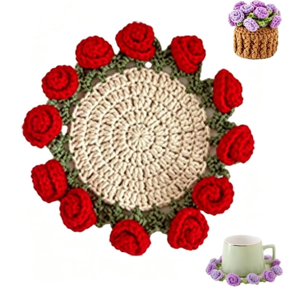 Handmade Crochet Flower Coaster, Yarn Knitted Cup Mat Transform Bouquet with Mini Basket for Table Protection, Mom Mother's Day Gift Decor (Style C)