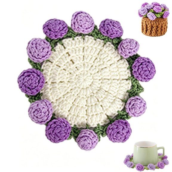Handmade Crochet Flower Coaster, Yarn Knitted Cup Mat Transform Bouquet with Mini Basket for Table Protection, Mom Mother's Day Gift Decor (Style E)