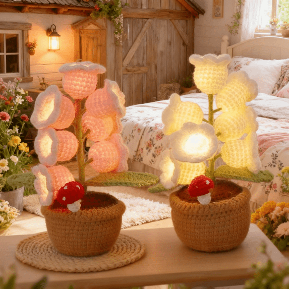 Handmade Crochet Flower Lamp, Crochet Artificial Flowers with 7 Night Lights, Cordless Table Lamp - Women Gift Ideas for Christmas Valentine Mother's Day, Desk Home Decorations