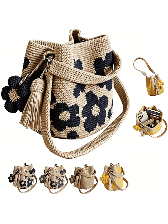 Handmade Crochet Flower Tote Bag Beige Mesh Knit Shoulder Bag with Floral Charm Summer Beach Vacation Large Capacity Boho Knit Floral Purse