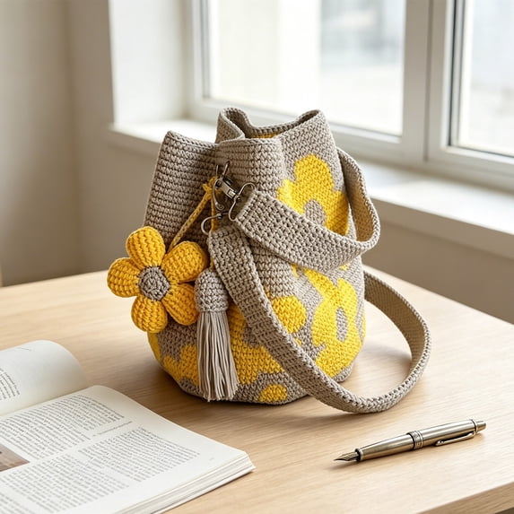 Handmade Crochet Flower Tote Bag Boho Style Mesh Knit Shoulder Purse with Detachable Flower Tassel Gift for Fashion Lovers