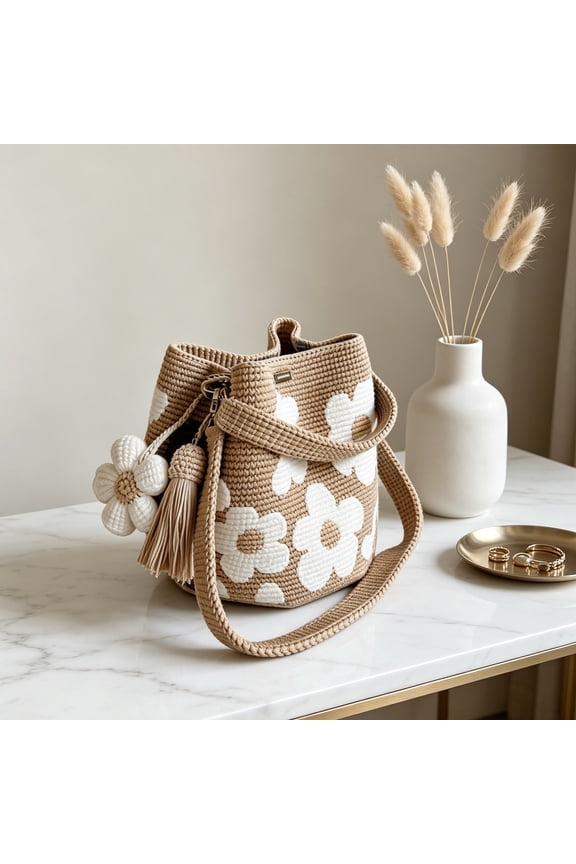 Handmade Crochet Flower Tote Bag Boho Style Mesh Knit Shoulder Purse with Detachable Flower Tassel Gift for Fashion Lovers