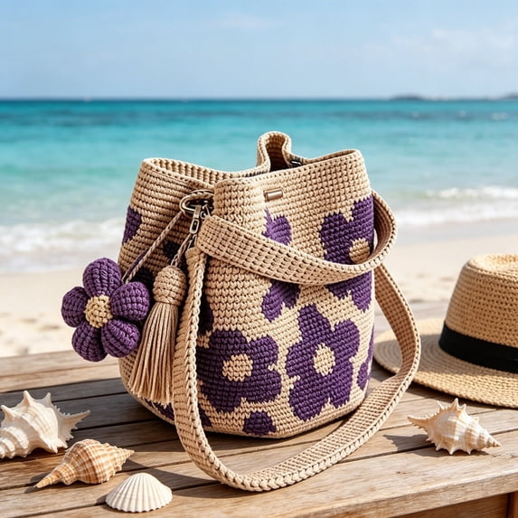 Handmade Crochet Flower Tote Bag Boho Style Mesh Knit Shoulder Purse with Detachable Flower Tassel Gift for Fashion Lovers
