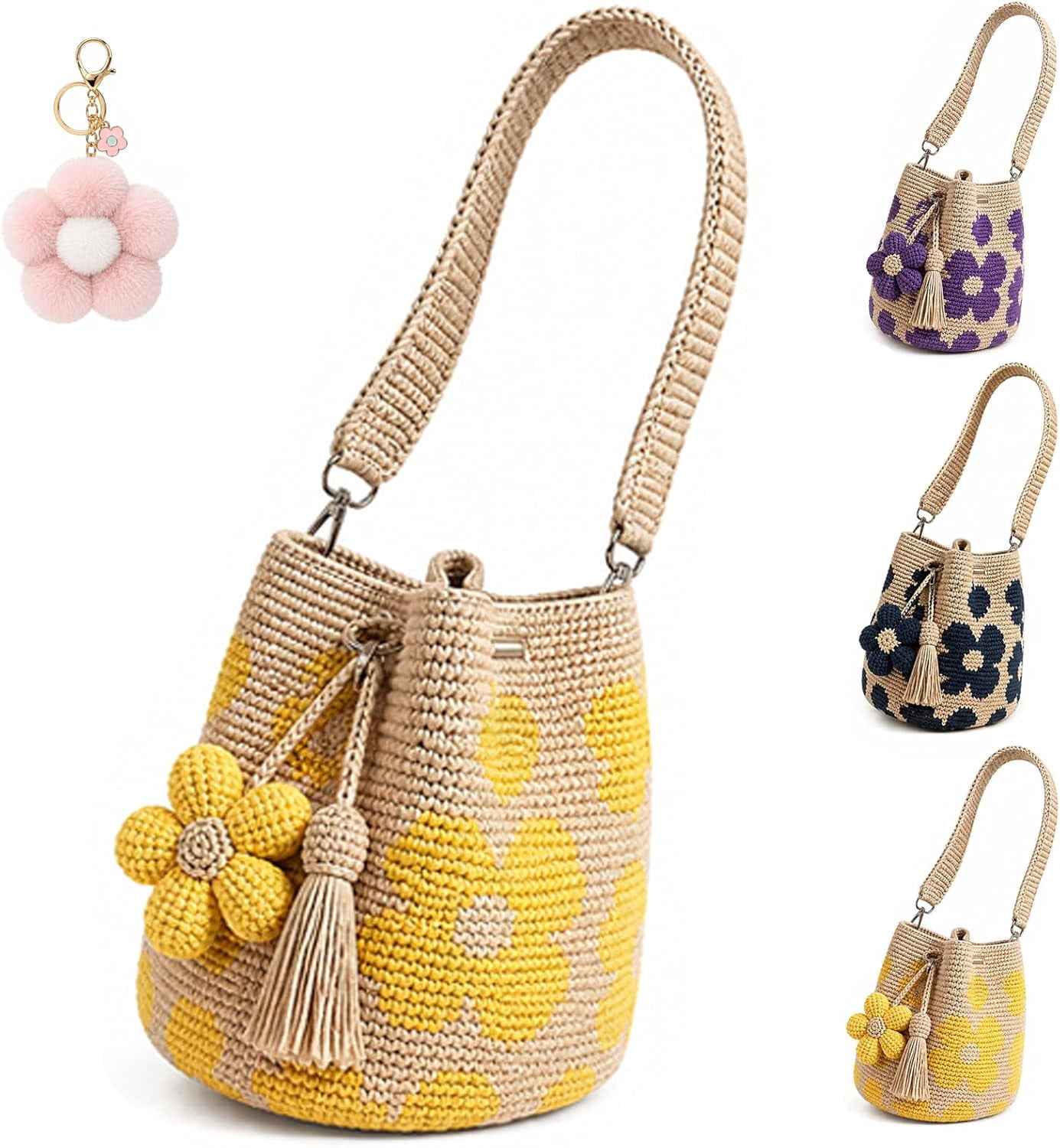 Handmade Crochet Flower Tote Bag for Women, Boho Floral Knit Shoulder Bag, Lightweight Crochet Purse with Tassel Charm