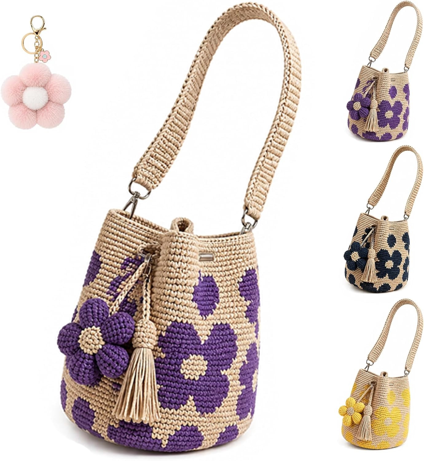 Handmade Crochet Flower Tote Bag for Women, Boho Floral Knit Shoulder Bag, Lightweight Crochet Purse with Tassel Charm