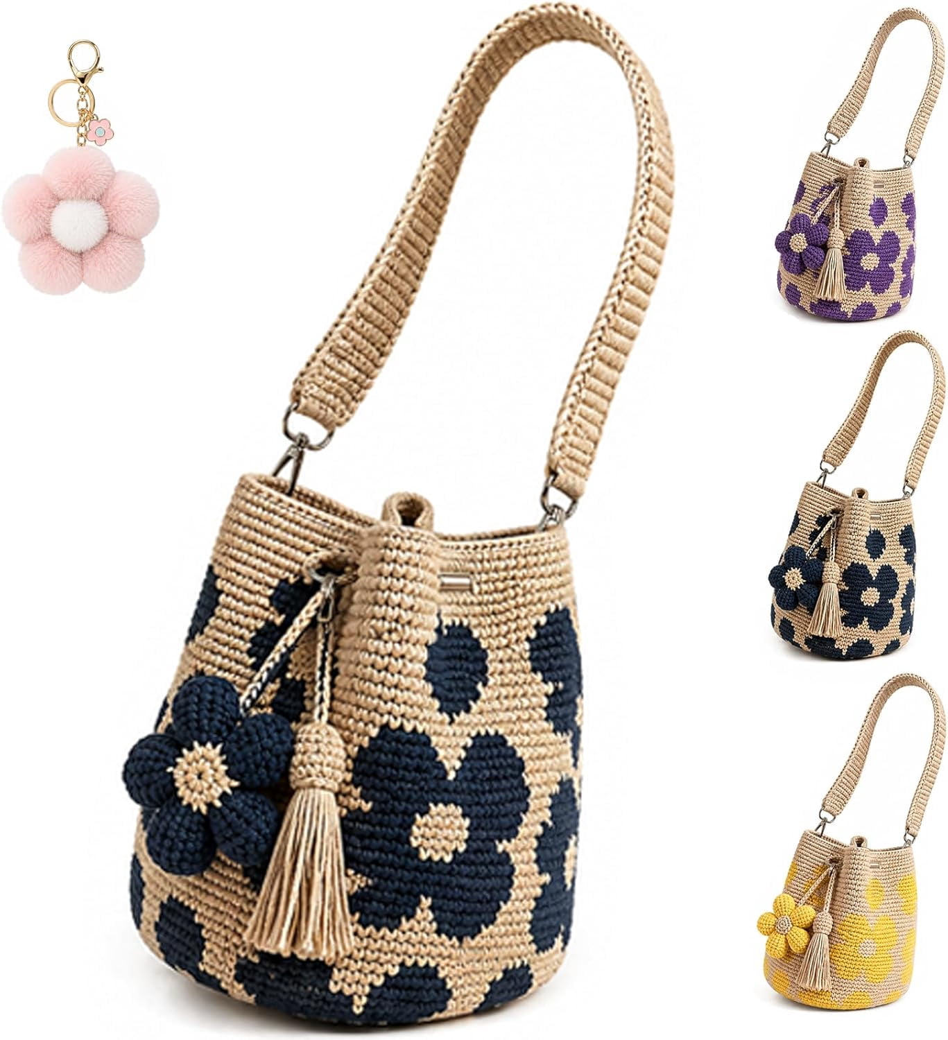 Handmade Crochet Flower Tote Bag for Women, Boho Floral Knit Shoulder Bag, Lightweight Crochet Purse with Tassel Charm