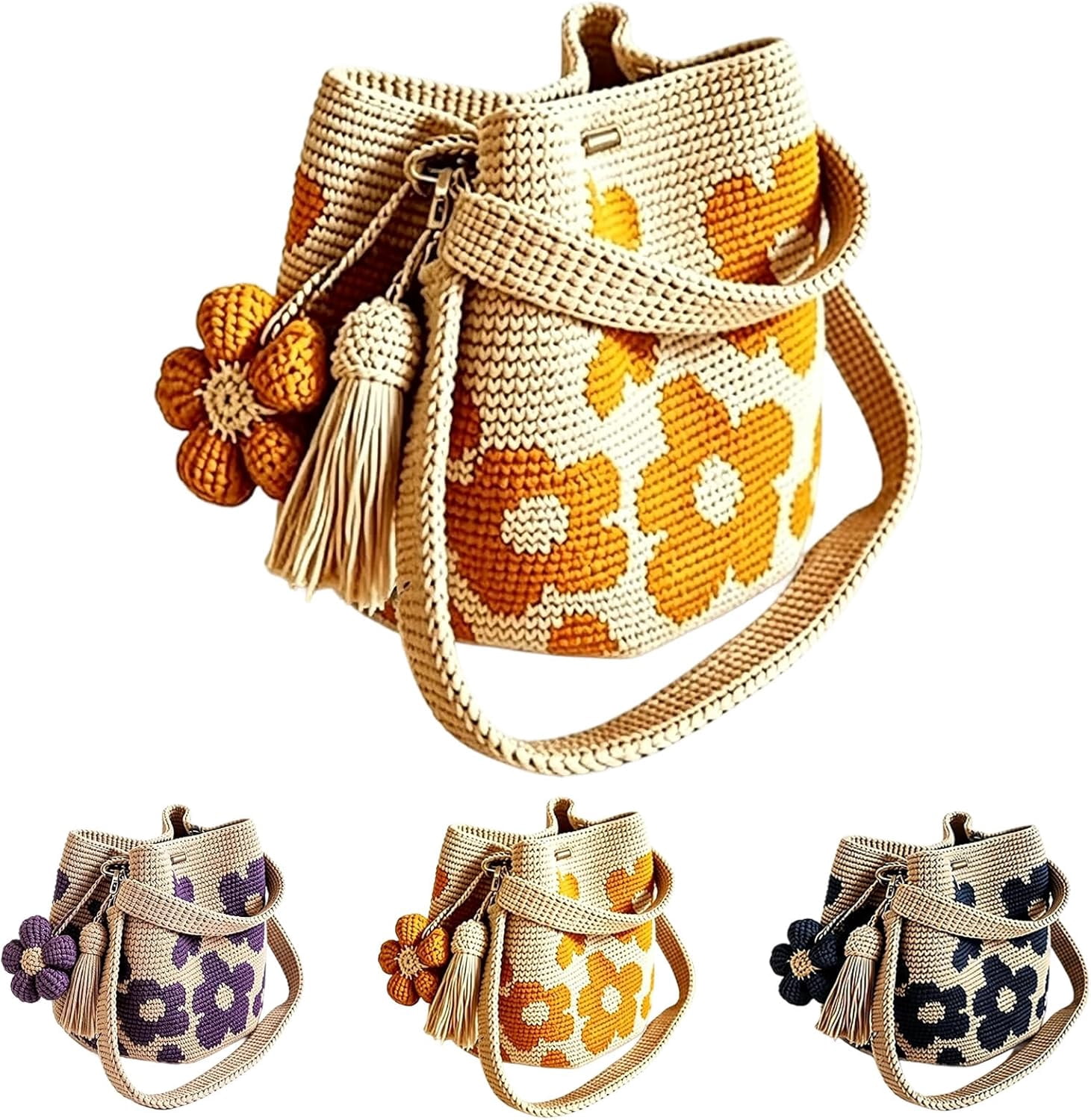 Handmade Crochet Flower Tote, Boho Floral Knit Crossbody Shoulder Bag, 3D Floral & Tassel Accents