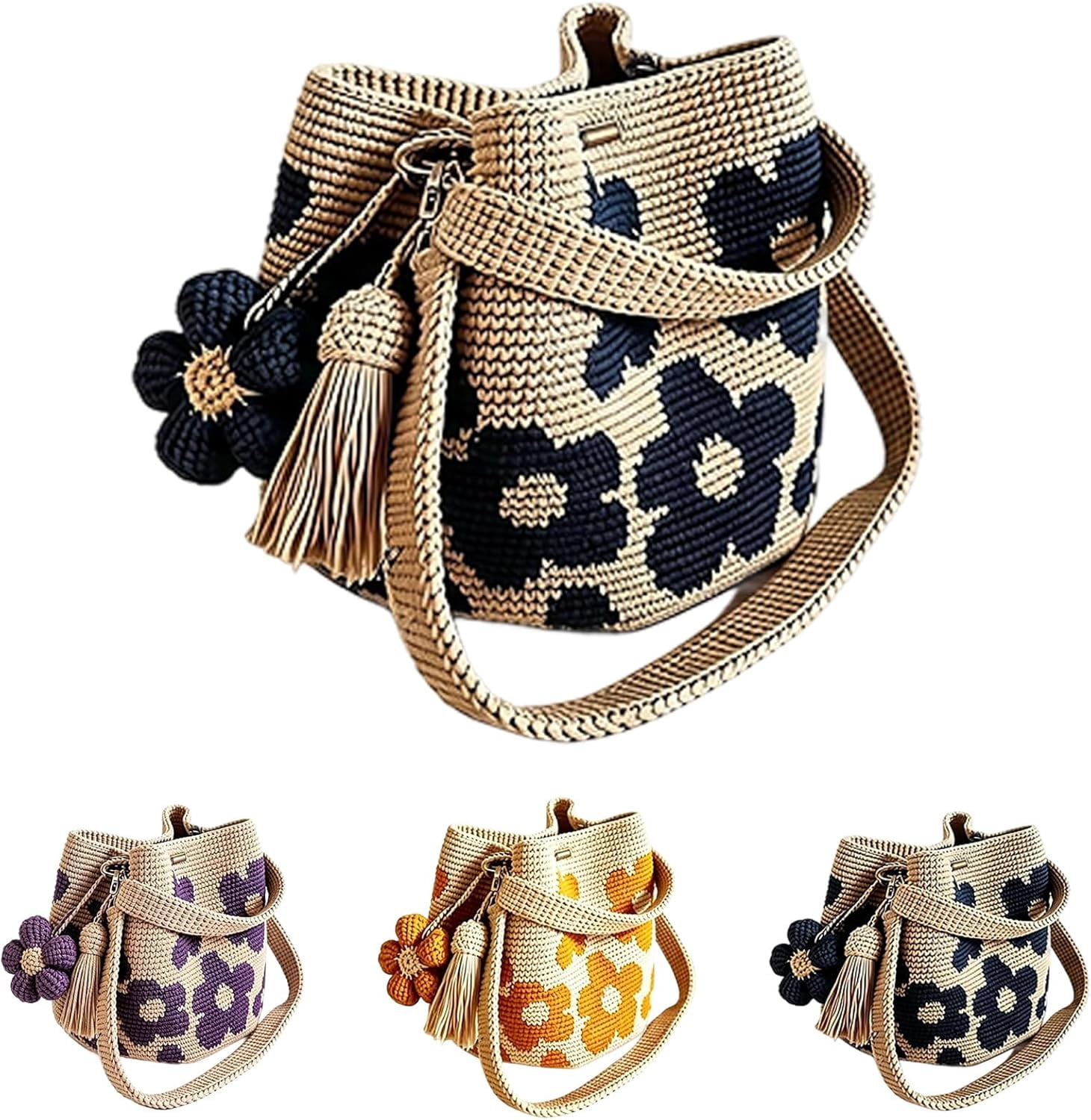 Handmade Crochet Flower Tote, Boho Floral Knit Crossbody Shoulder Bag, 3D Floral & Tassel Accents