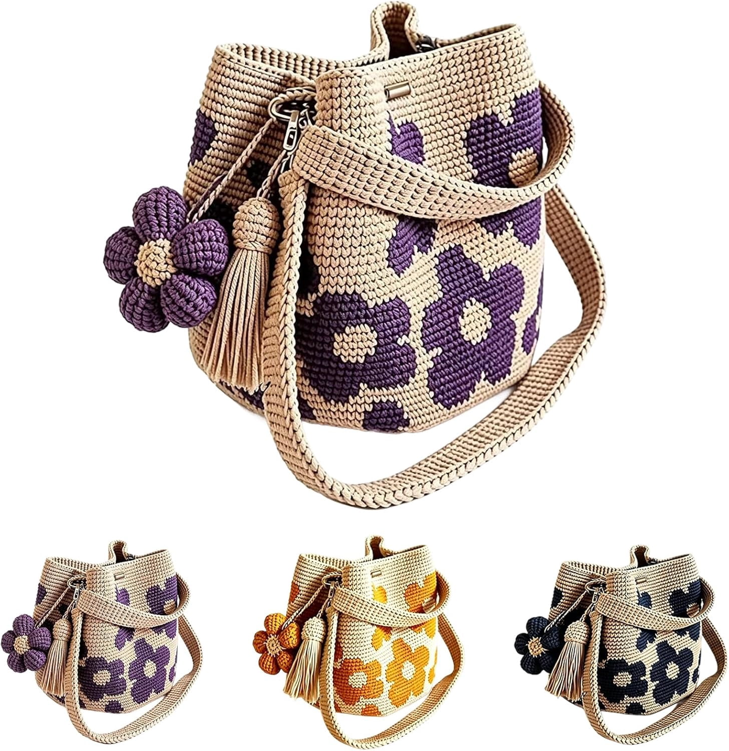 Handmade Crochet Flower Tote, Boho Floral Knit Crossbody Shoulder Bag, 3D Floral & Tassel Accents