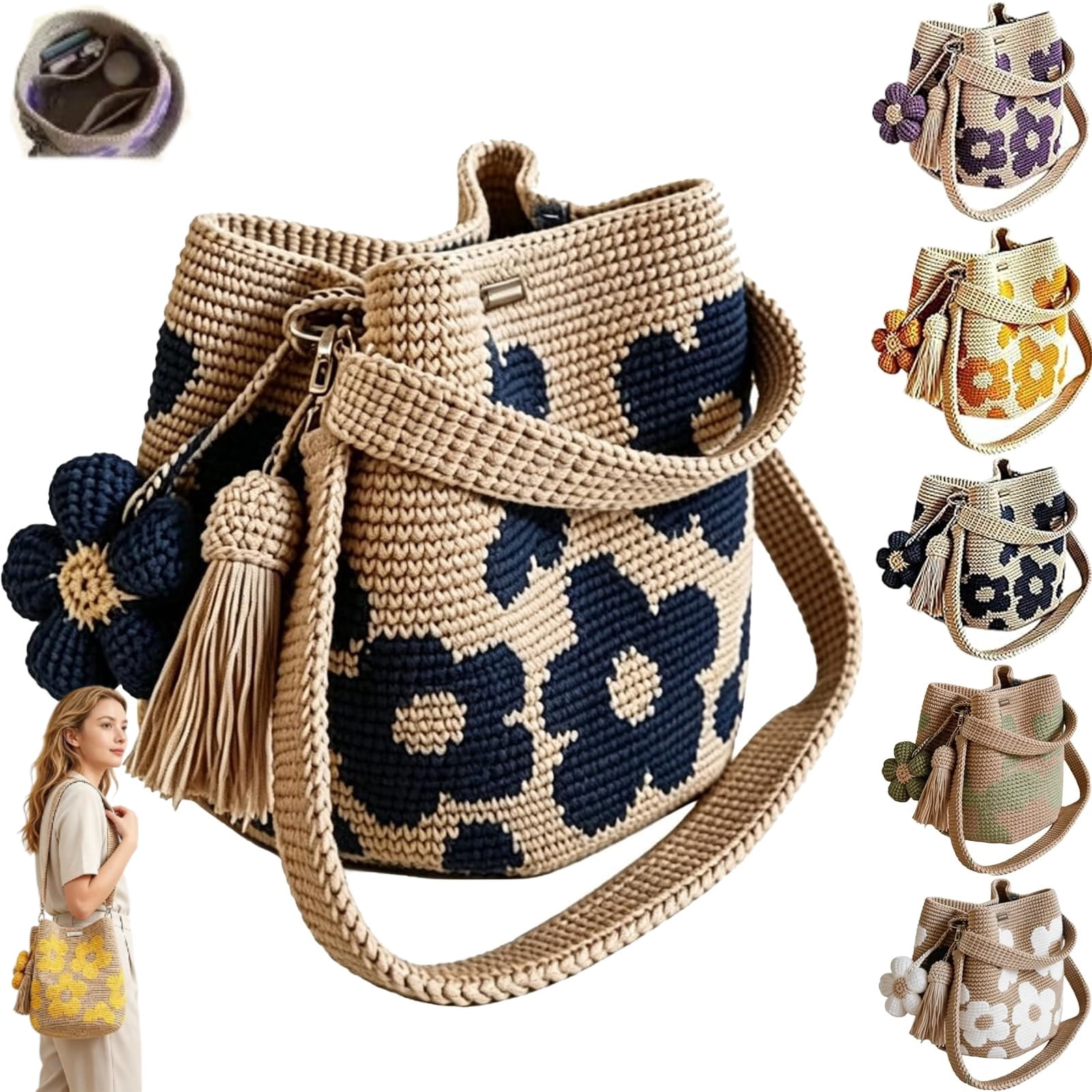Handmade Crochet Flower Tote – Boho Floral Woven Shoulder Bag for Women, 3D Flower & Tassel Accents, Large Travel Purse