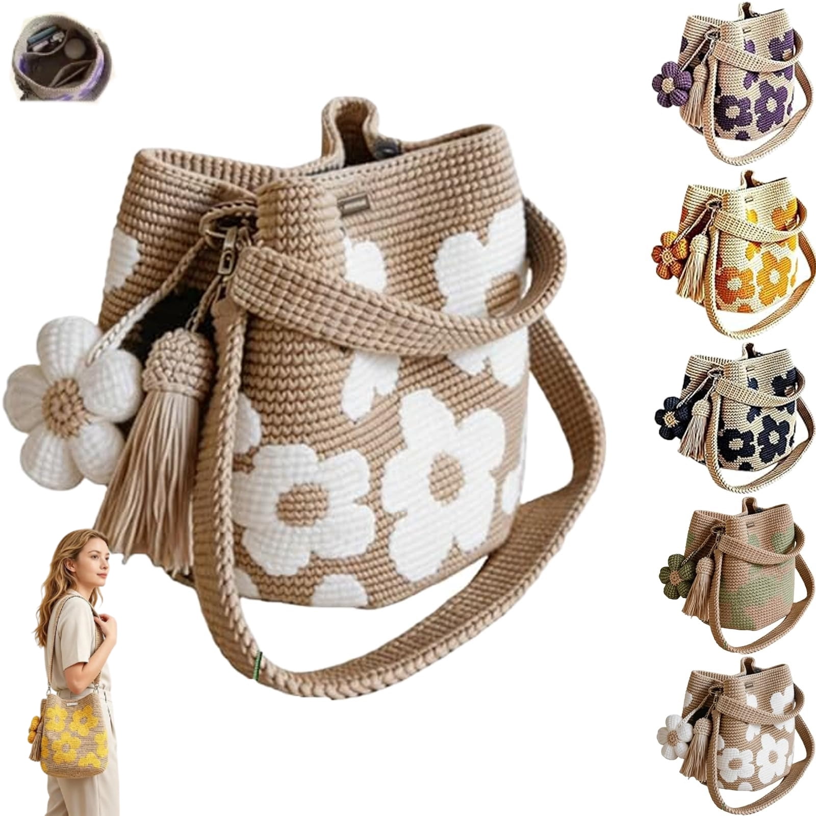 Handmade Crochet Flower Tote – Boho Floral Woven Shoulder Bag for Women, 3D Flower & Tassel Accents, Large Travel Purse