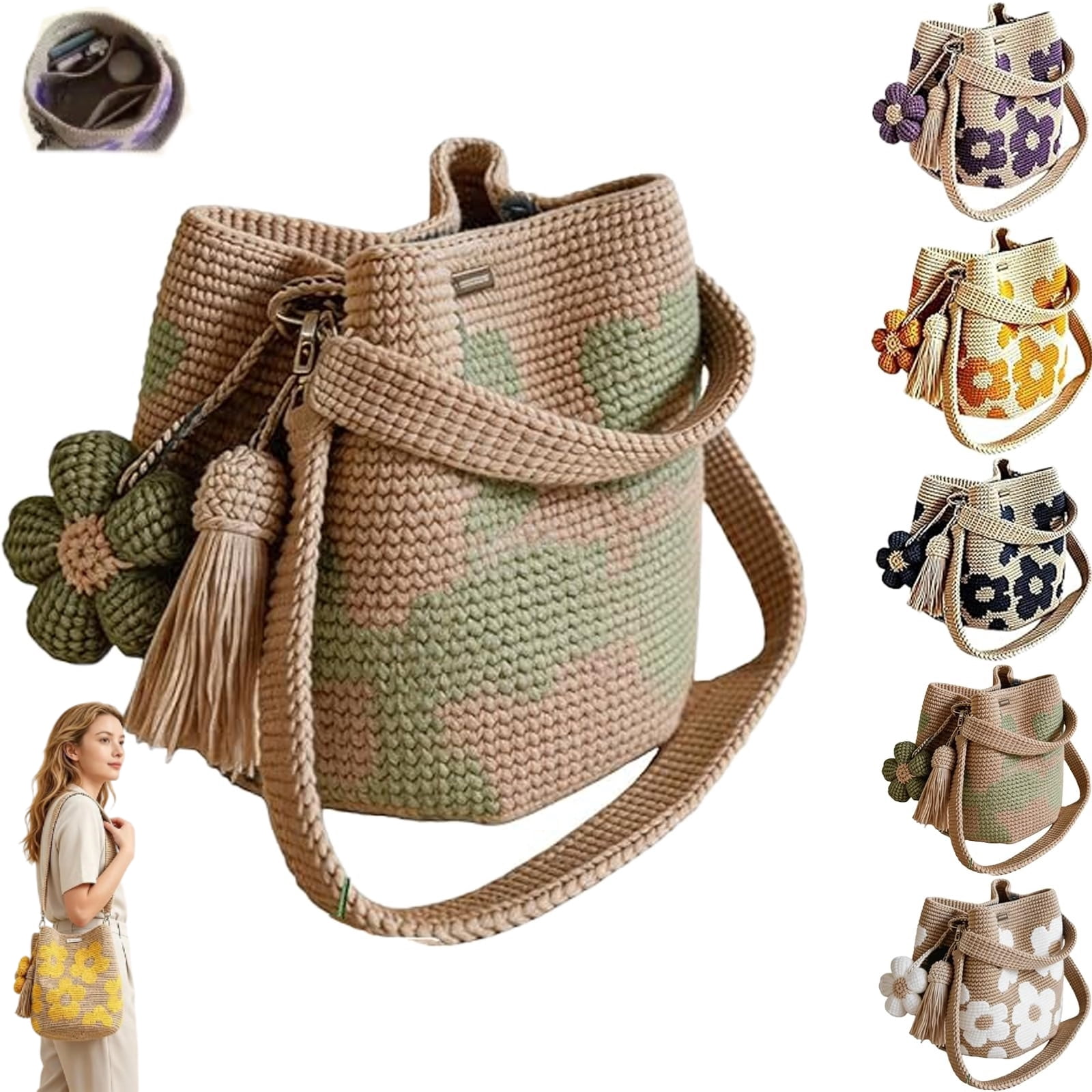 Handmade Crochet Flower Tote – Boho Floral Woven Shoulder Bag for Women, 3D Flower & Tassel Accents, Large Travel Purse