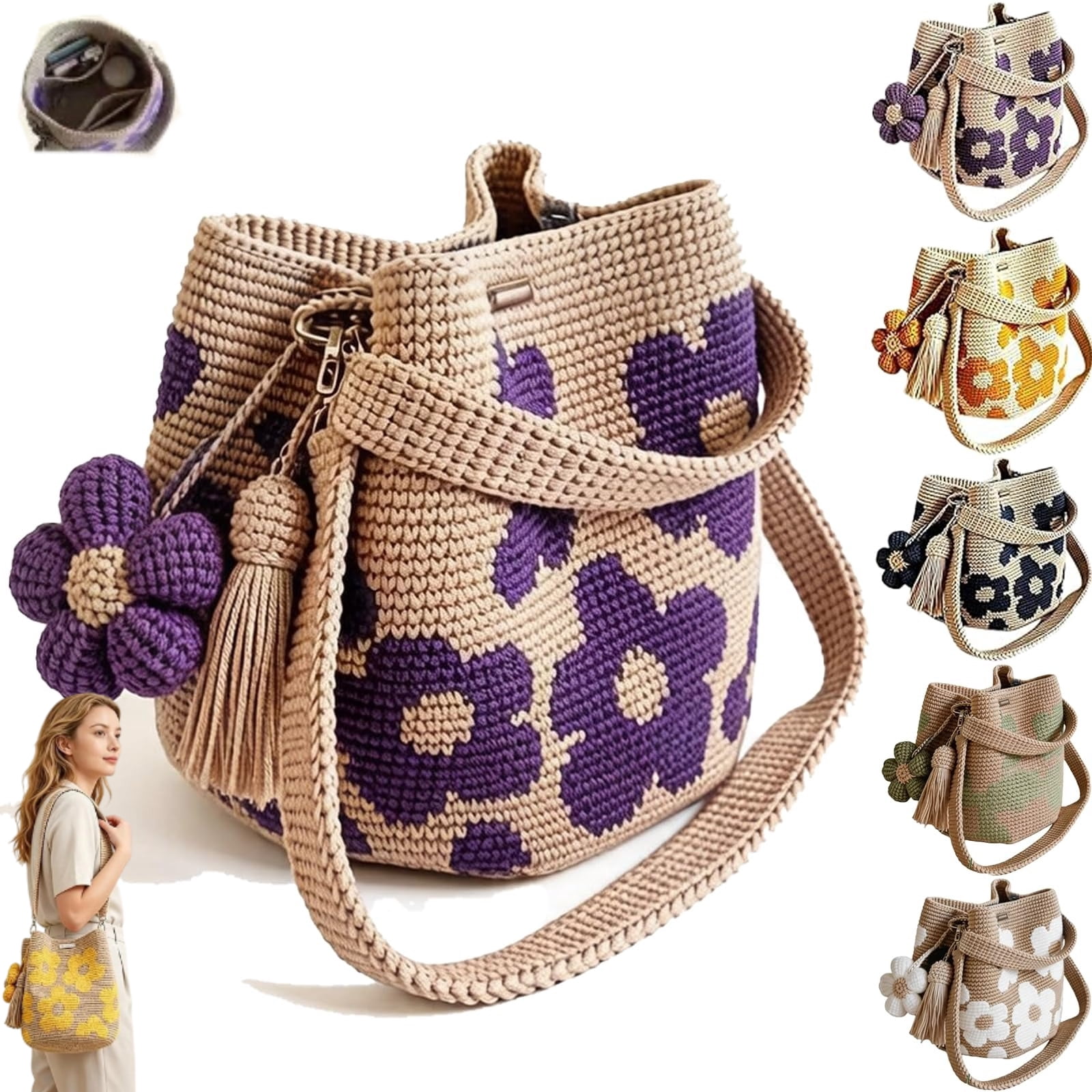 Handmade Crochet Flower Tote – Boho Floral Woven Shoulder Bag for Women, 3D Flower & Tassel Accents, Large Travel Purse
