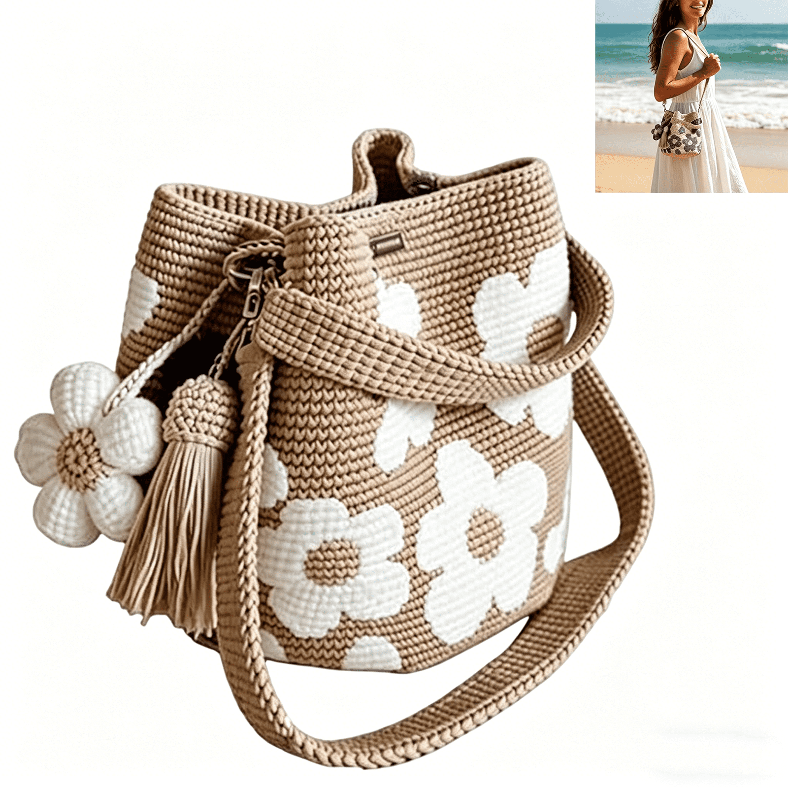 Handmade Crochet Flower Tote, Boho Knit Floral Woven Purse Bag, Hand Woven Knit Shoulder Crossbody Bag for Women Summer Beach Vacation, Large Capacity Woven Bag