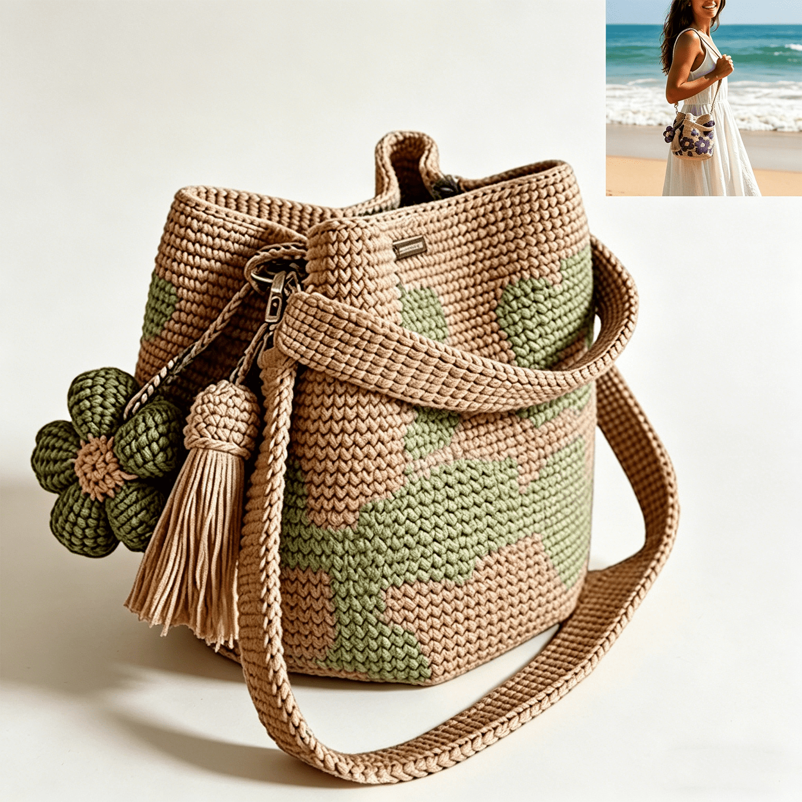 Handmade Crochet Flower Tote, Boho Knit Floral Woven Purse Bag, Hand Woven Knit Shoulder Crossbody Bag for Women Summer Beach Vacation, Large Capacity Woven Bag