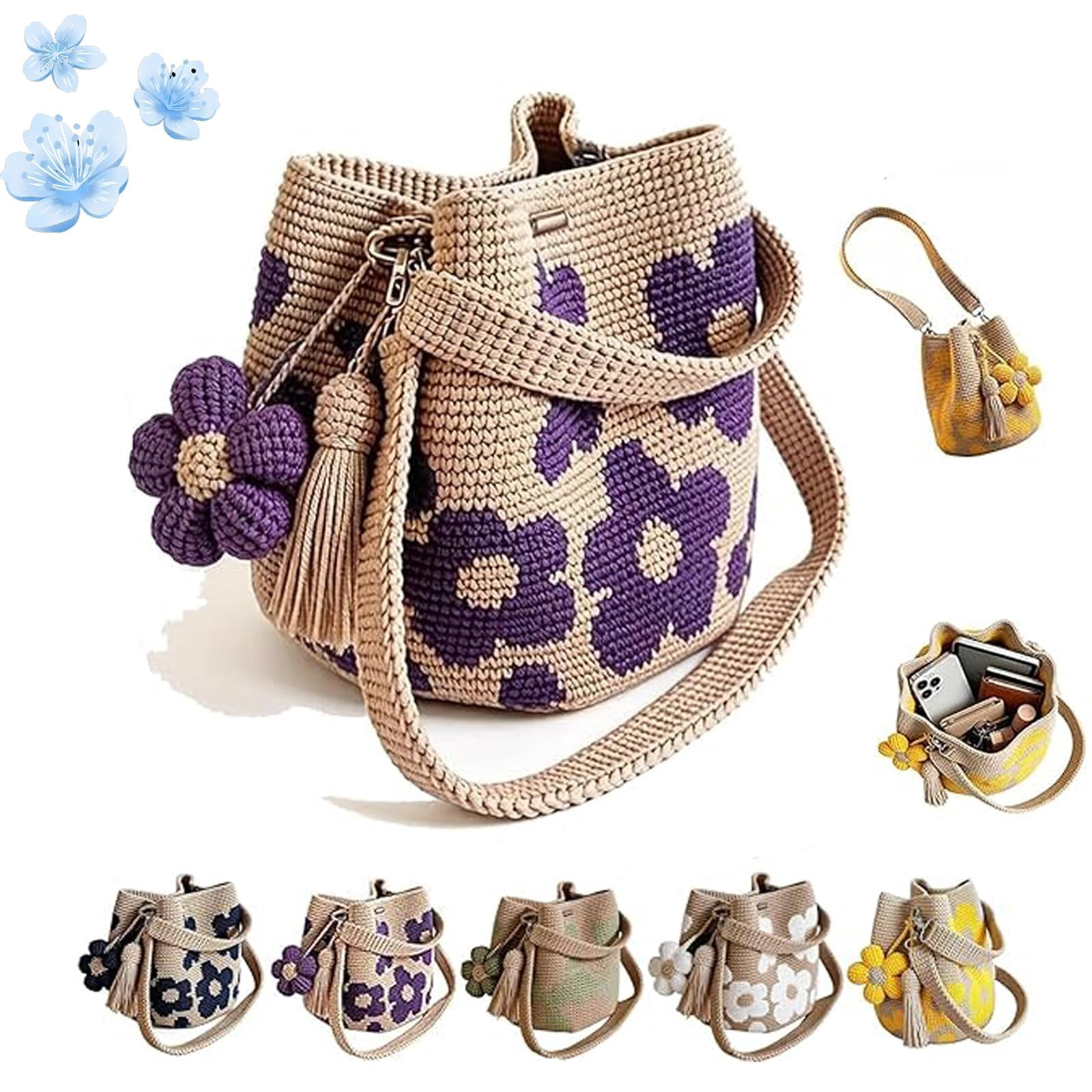 Handmade Crochet Flower Tote, Boho Knit Floral Woven Purse Bag, Hand Woven Knit Shoulder Crossbody Bag for Women Summer Beach Vacation, Large Capacity Woven Bag