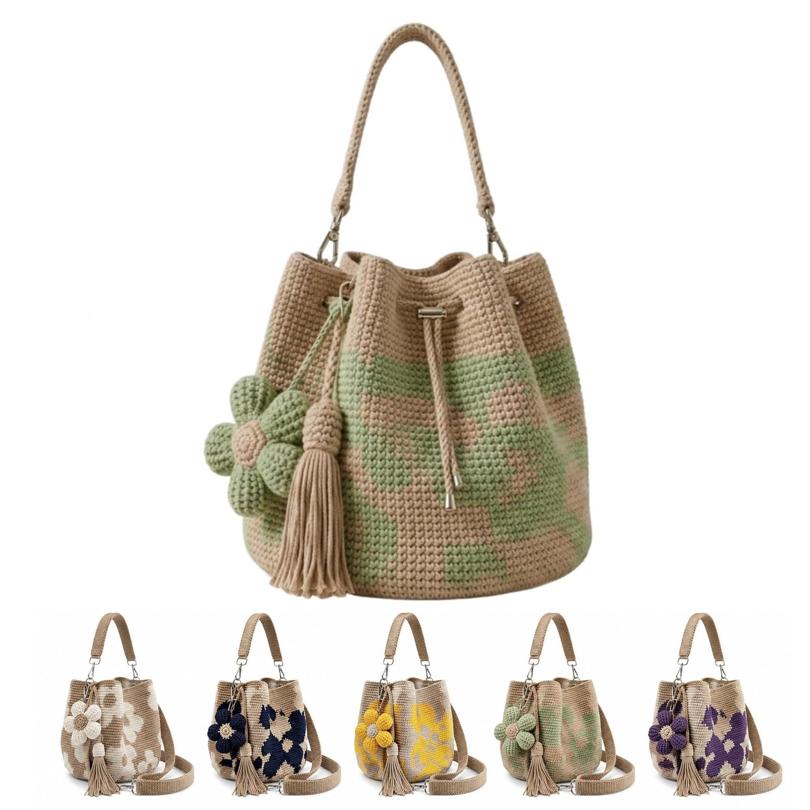 Handmade Crochet Flower Tote,Casual Woven Tote Bag,Floral Knit Shoulder Bag,Shoulder Bags With Floral Tassel