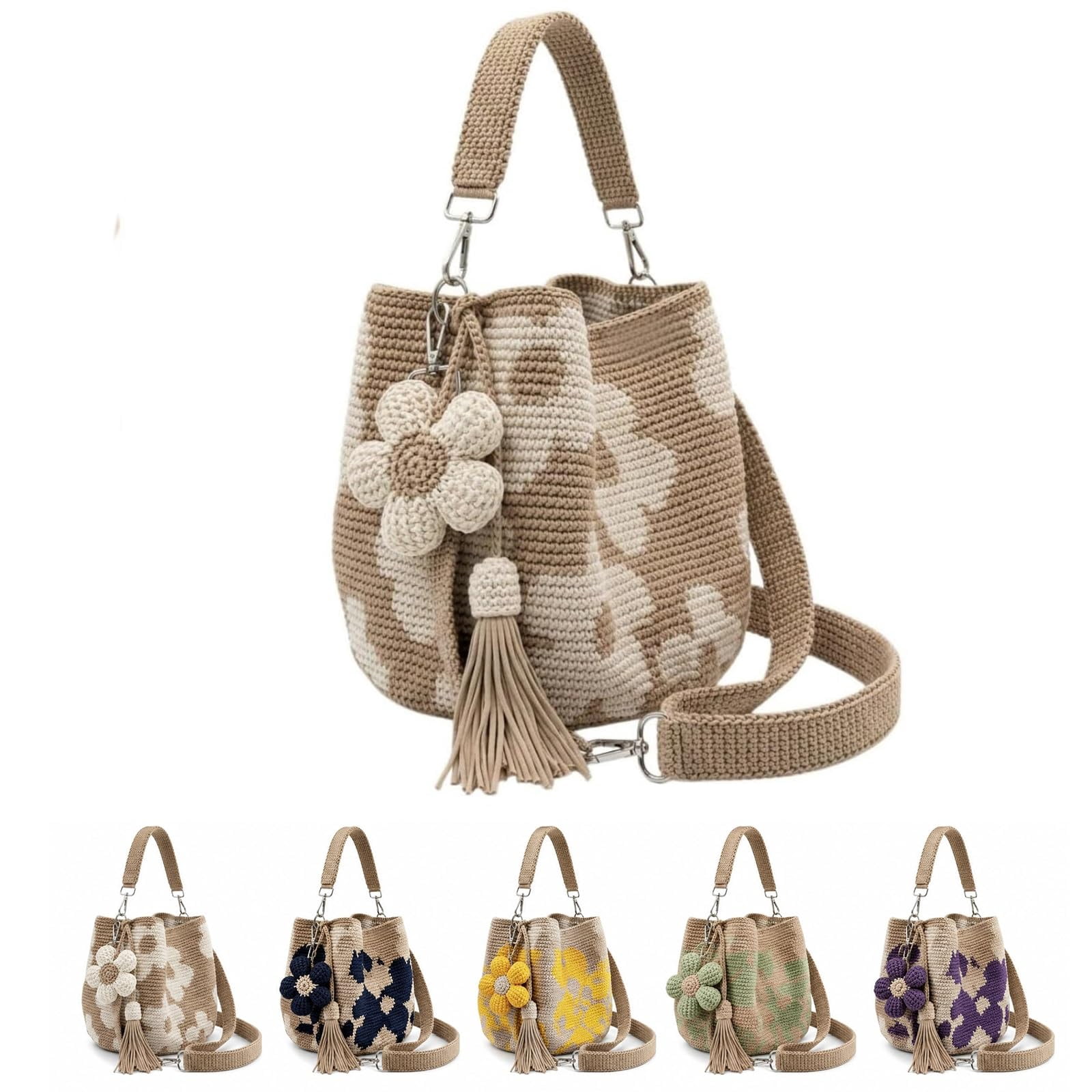 Handmade Crochet Flower Tote,Casual Woven Tote Bag,Floral Knit Shoulder Bag,Shoulder Bags With Floral Tassel