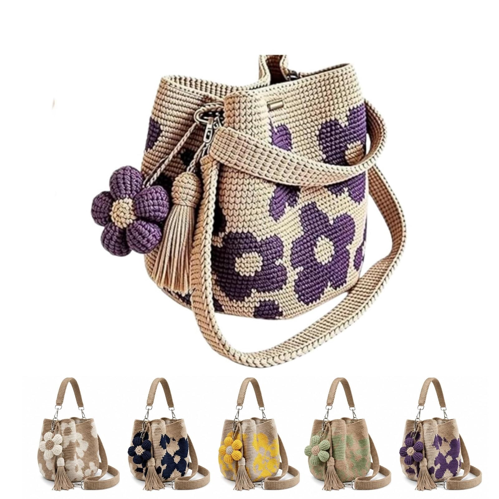 Handmade Crochet Flower Tote,Casual Woven Tote Bag,Floral Knit Shoulder Bag,Shoulder Bags With Floral Tassel