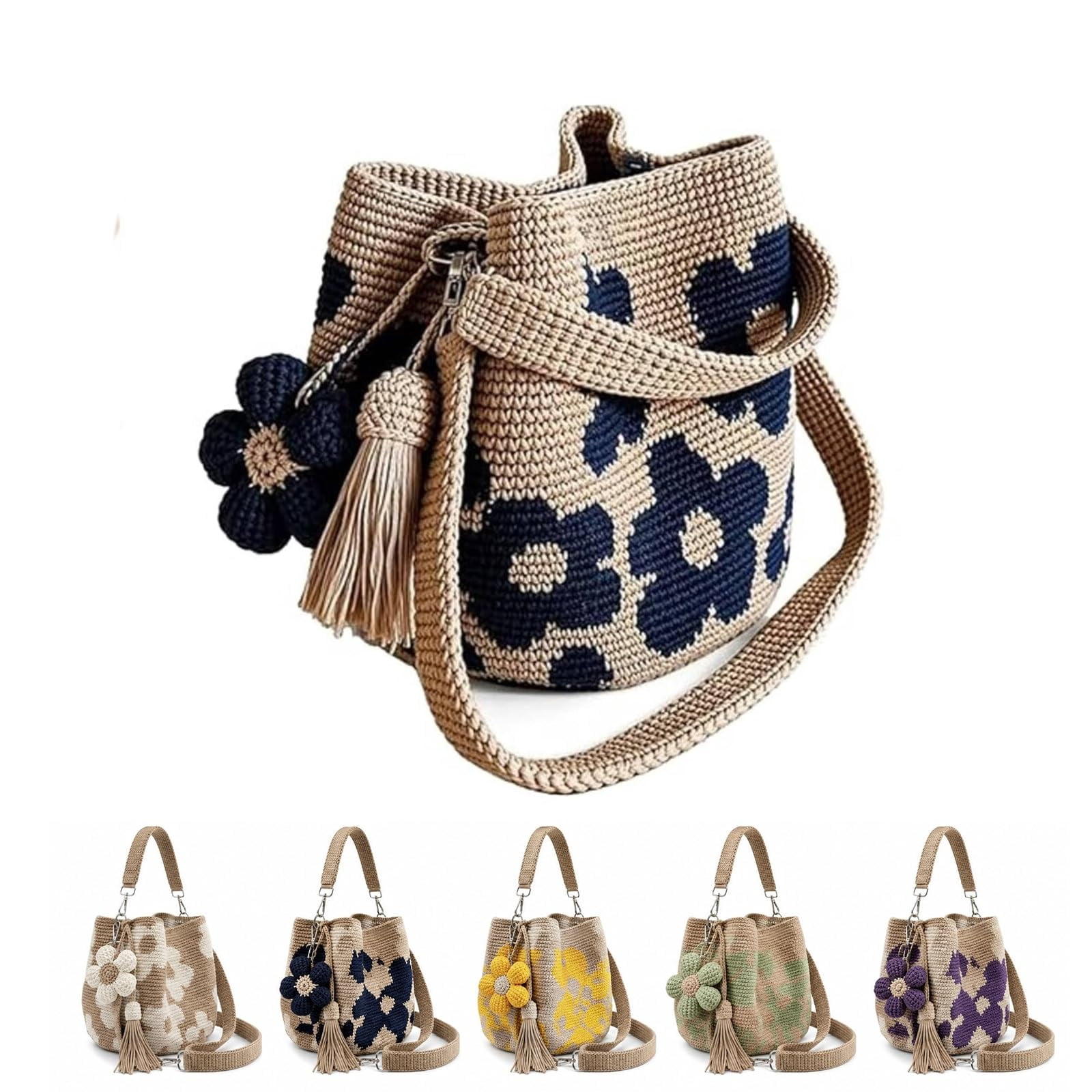 Handmade Crochet Flower Tote,Casual Woven Tote Bag,Floral Knit Shoulder Bag,Shoulder Bags With Floral Tassel