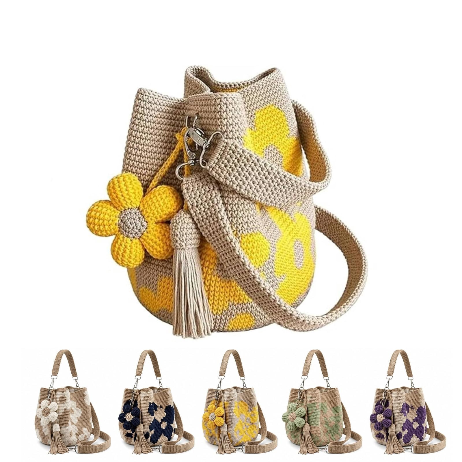 Handmade Crochet Flower Tote,Casual Woven Tote Bag,Floral Knit Shoulder Bag,Shoulder Bags With Floral Tassel