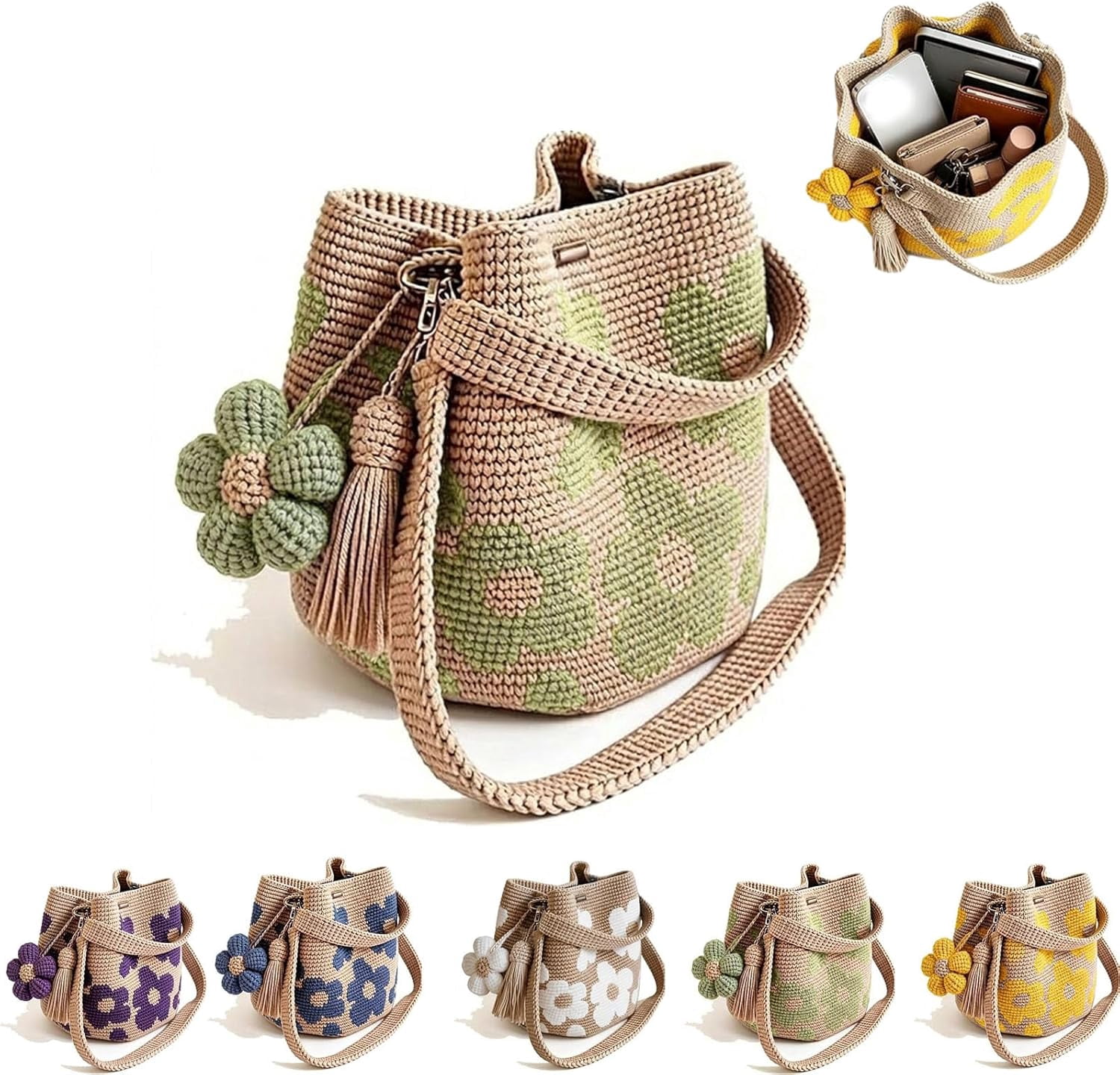 Handmade Crochet Flower Tote, Crochet Tote Bag for Women, Crossbody Mesh Knit Shoulder Bag with Cute Flower&Tassel Charm