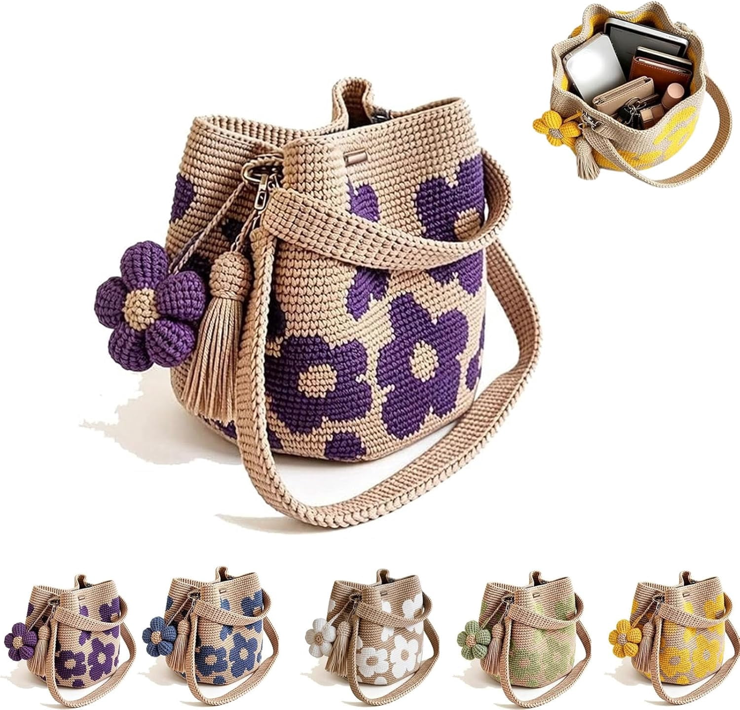 Handmade Crochet Flower Tote, Crochet Tote Bag for Women, Crossbody Mesh Knit Shoulder Bag with Cute Flower&Tassel Charm