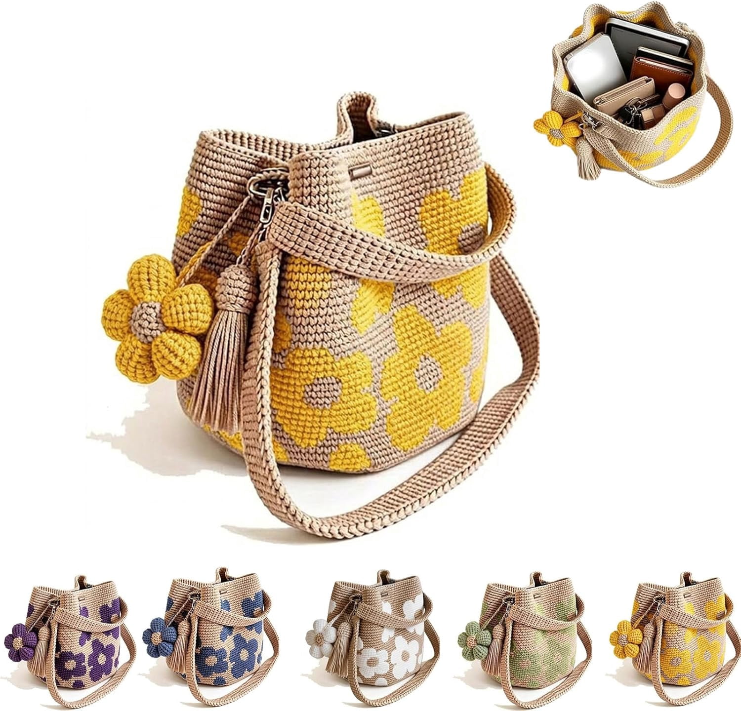 Handmade Crochet Flower Tote, Crochet Tote Bag for Women, Crossbody Mesh Knit Shoulder Bag with Cute Flower&Tassel Charm