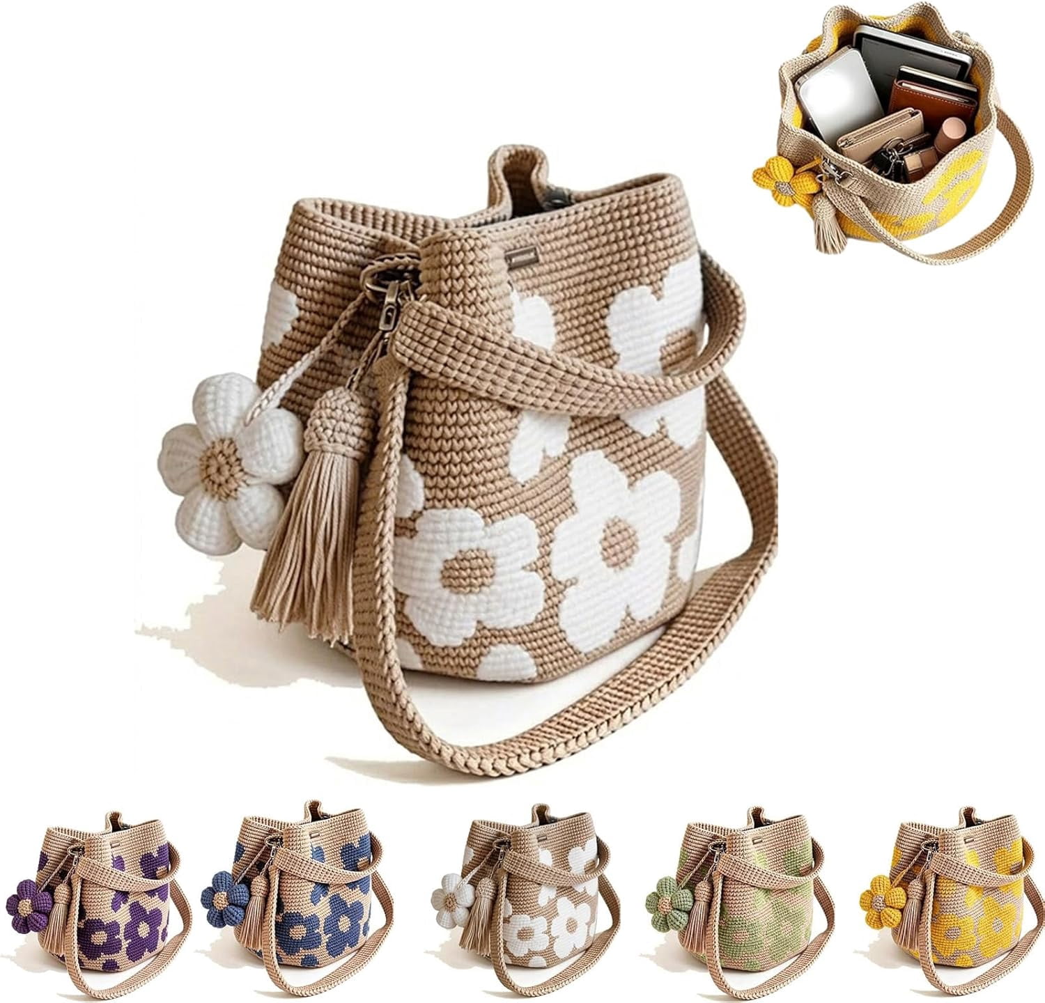 Handmade Crochet Flower Tote, Crochet Tote Bag for Women, Crossbody Mesh Knit Shoulder Bag with Cute Flower&Tassel Charm