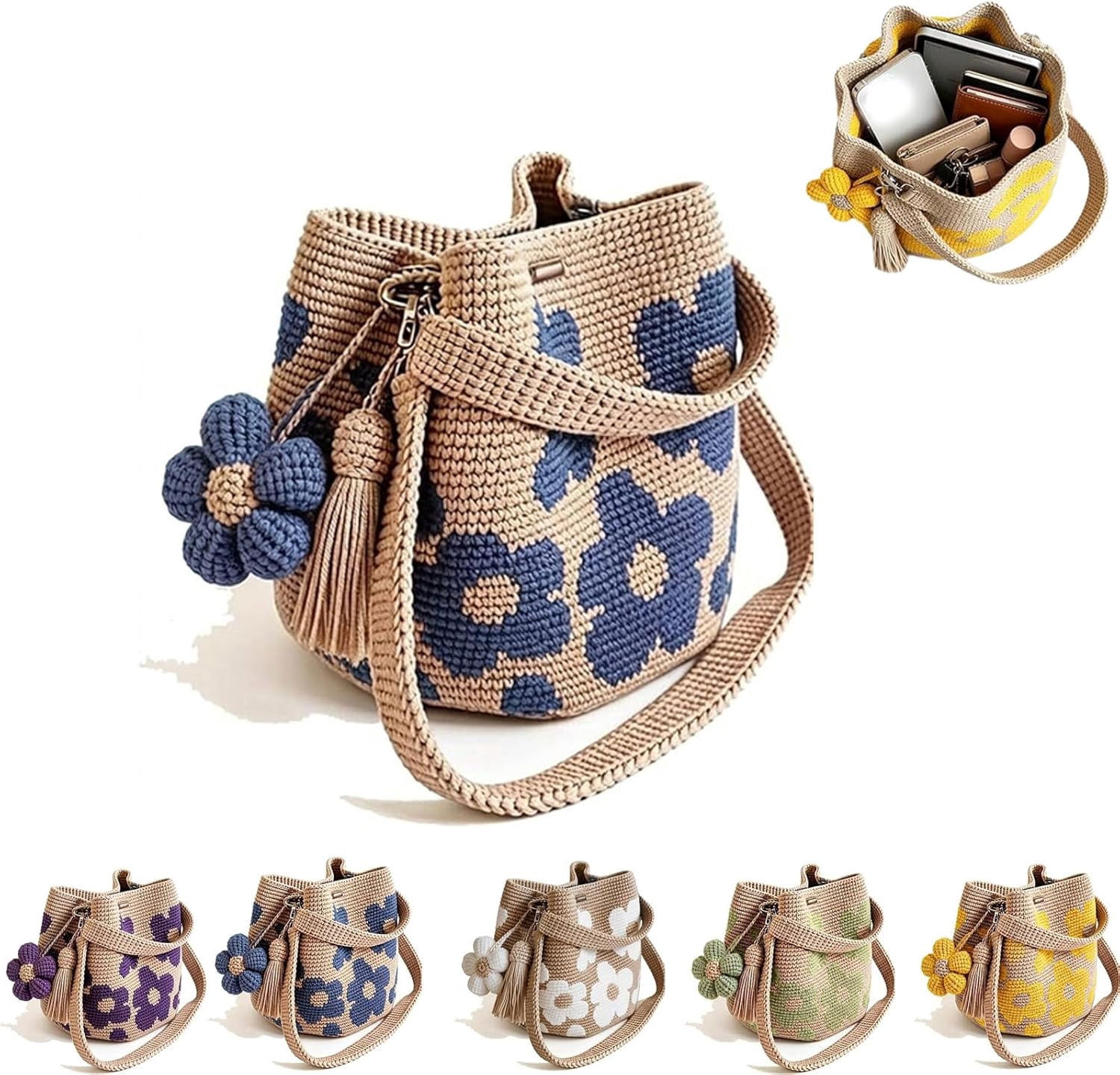 Handmade Crochet Flower Tote, Crochet Tote Bag for Women, Crossbody Mesh Knit Shoulder Bag with Cute Flower&Tassel Charm