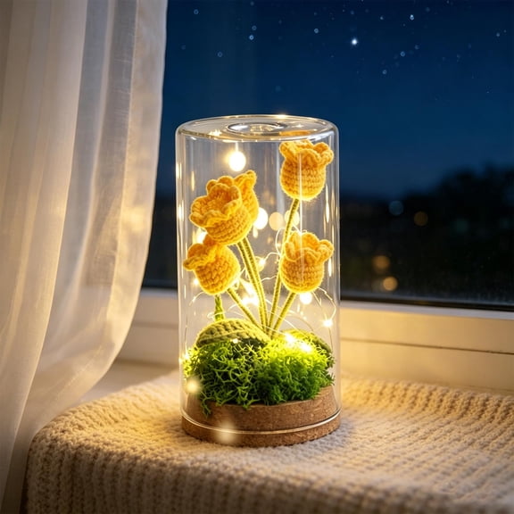 Handmade Crochet Flower of The Valley Night Light with Glass Dome LED Warm Lights Knitted Floral Lamp for Bedroom Desk Decor Gift for Women Mom