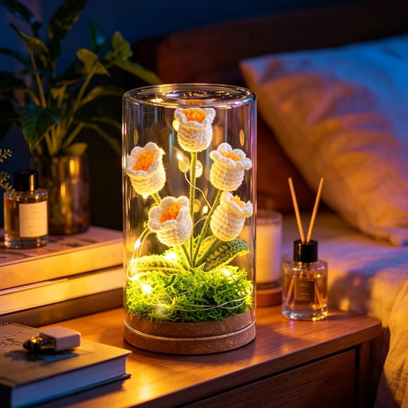 Handmade Crochet Flower of The Valley Night Light with Glass Dome LED Warm Lights Knitted Floral Lamp for Bedroom Desk Decor Gift for Women Mom