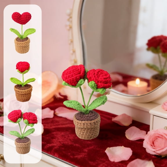 Handmade Crochet Flowers,Small Potted Hand-Knitted Fake Flower,Valentine's Gifts for Women,Home Decoration Car Dashboard Decorations Crochet Artificial Flower,Gifts for Women,Home Office Decoration